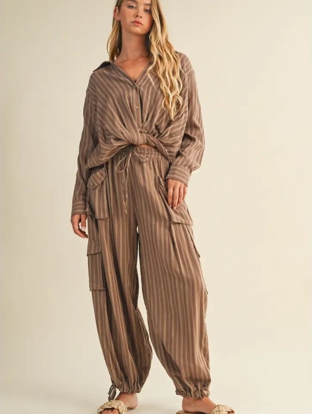 Relaxed Brown Stripe Cargo Set